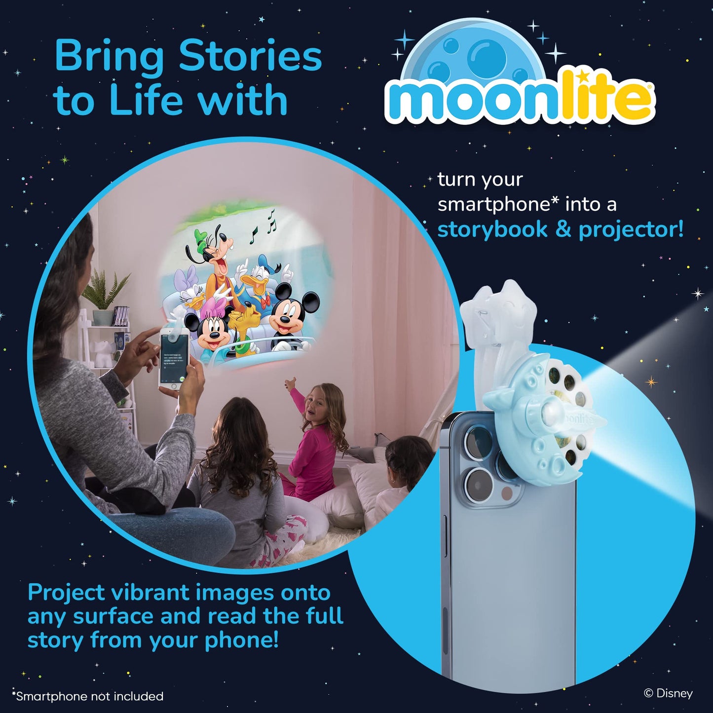 Moonlite Storytime Starter Pack — Smartphone Projector, Four Mickey & Friends Stories