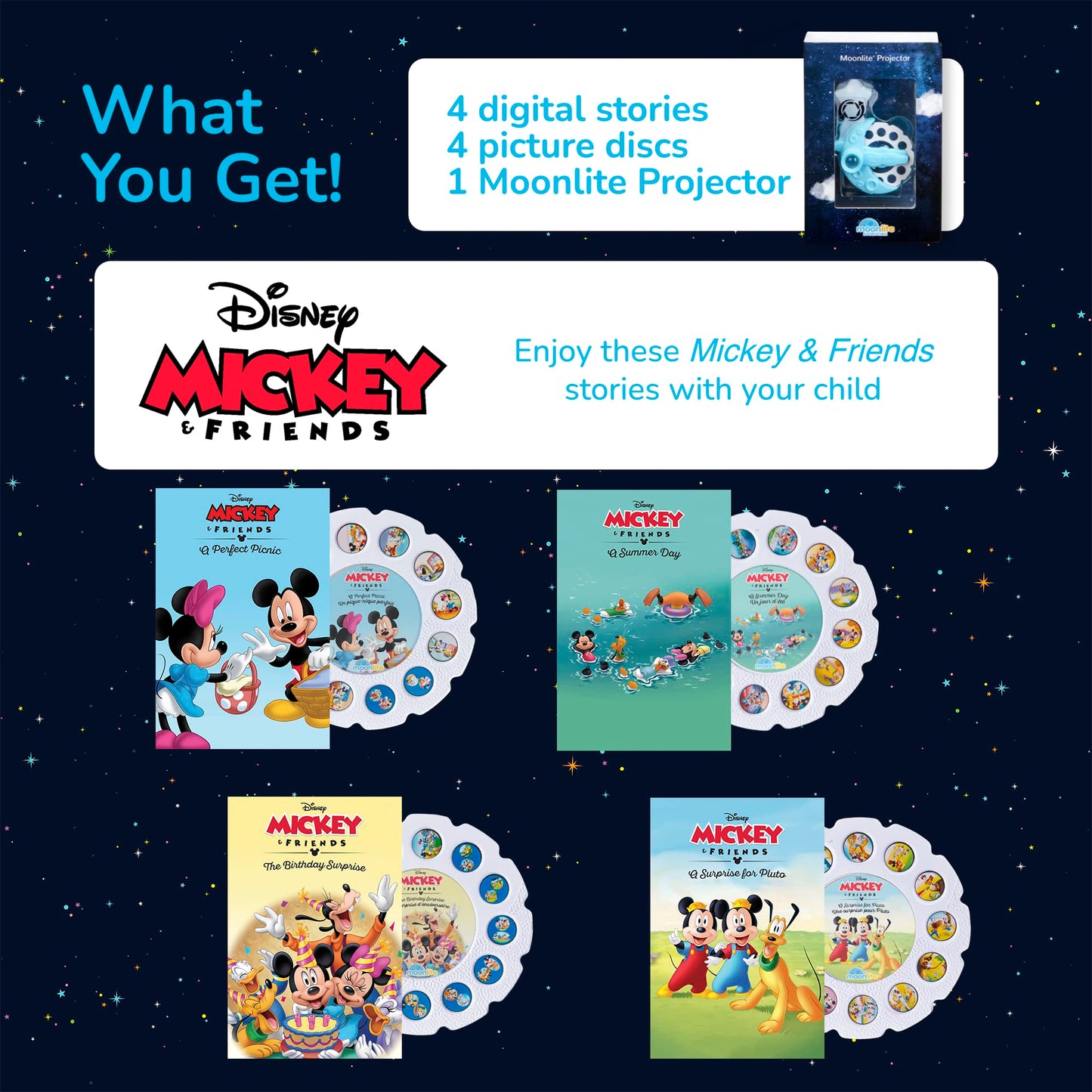 Moonlite Storytime Starter Pack — Smartphone Projector, Four Mickey & Friends Stories