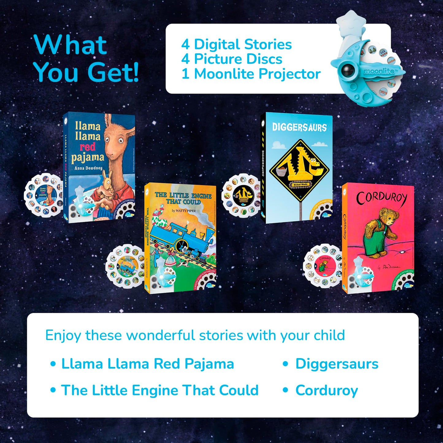 Moonlite Storytime Starter Pack – Smartphone Projector, Four Stories, Family Bedtime Magic