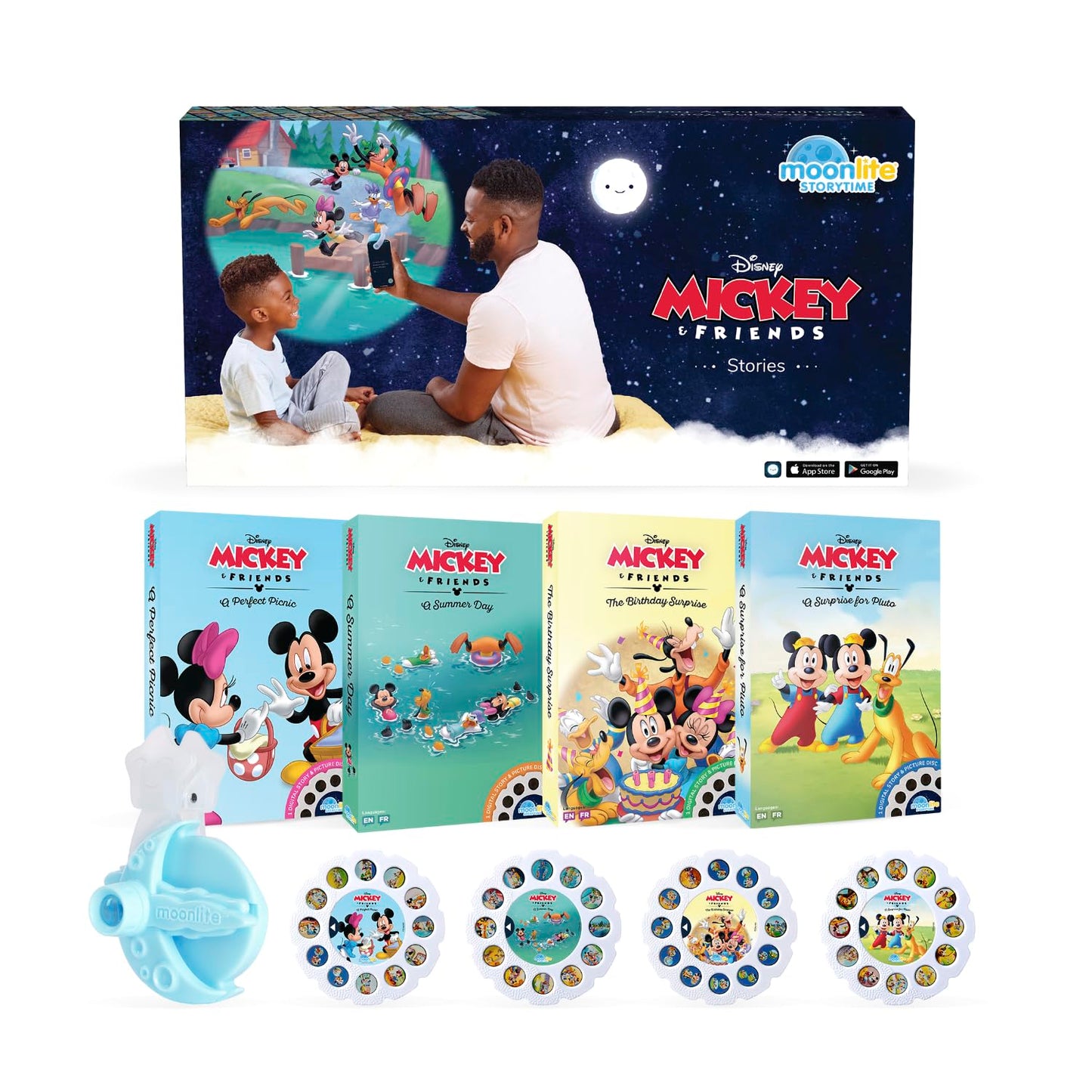 Moonlite Storytime Starter Pack — Smartphone Projector, Four Mickey & Friends Stories