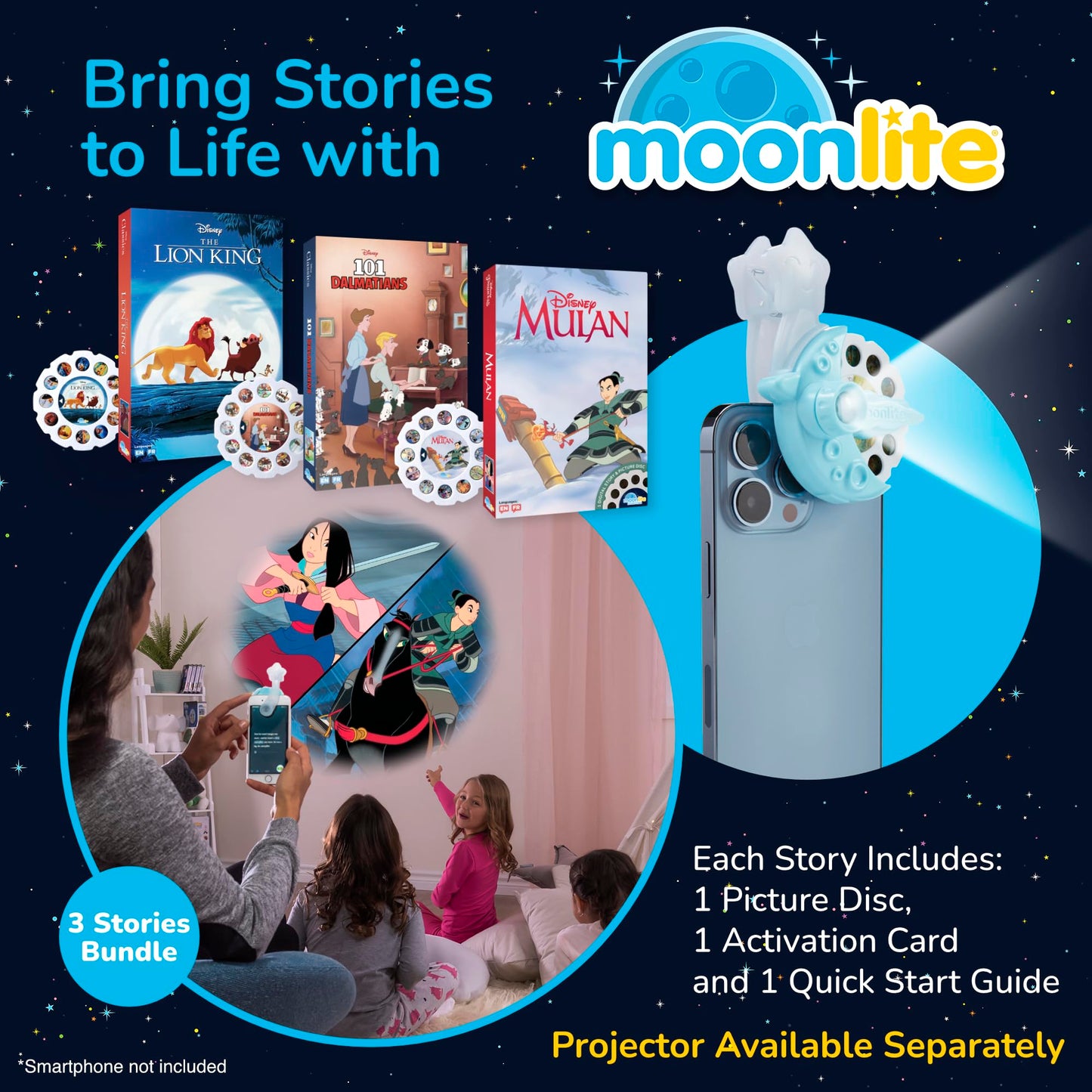 Moonlite Storytime Storybook Reels – Lion King, 101 Dalmatians & Mulan (3-Story Set)