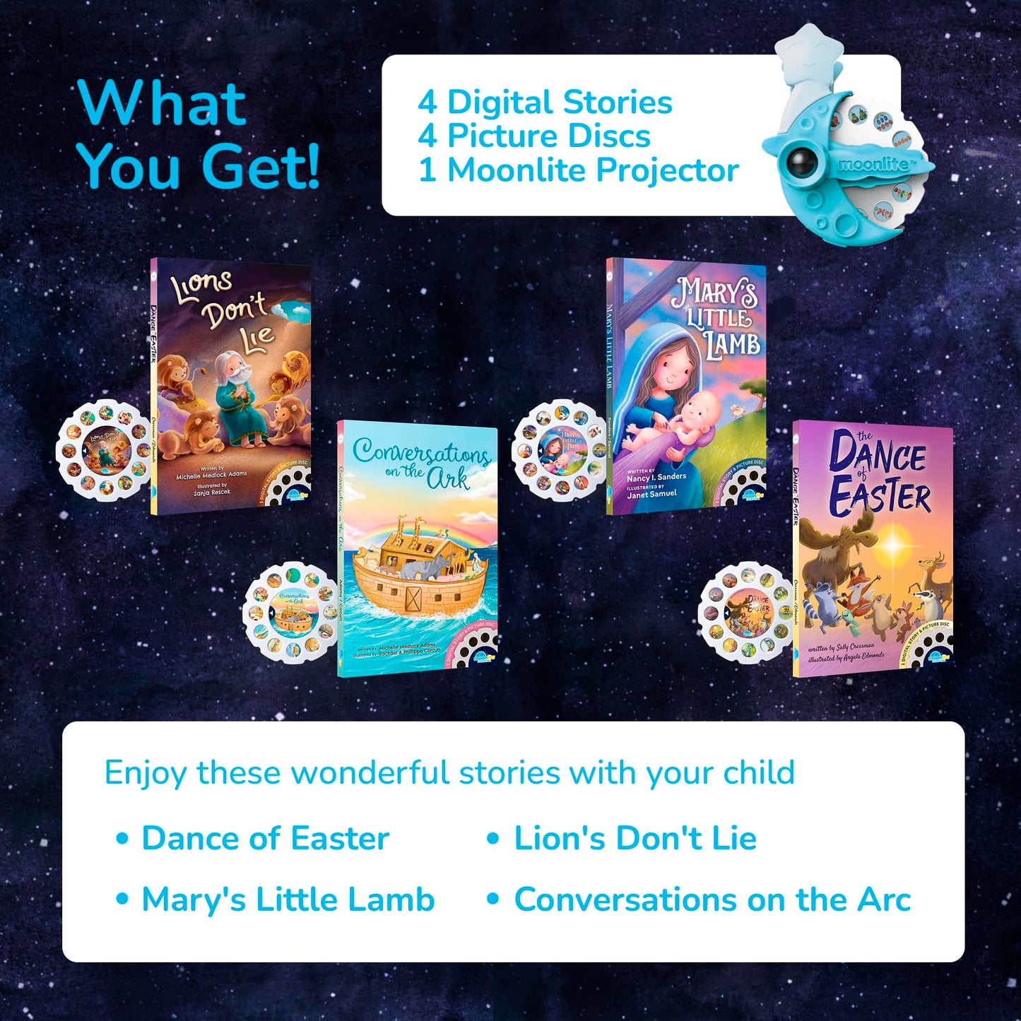 Moonlite Storytime Starter Pack — Smartphone Projector, Four Bible Stories
