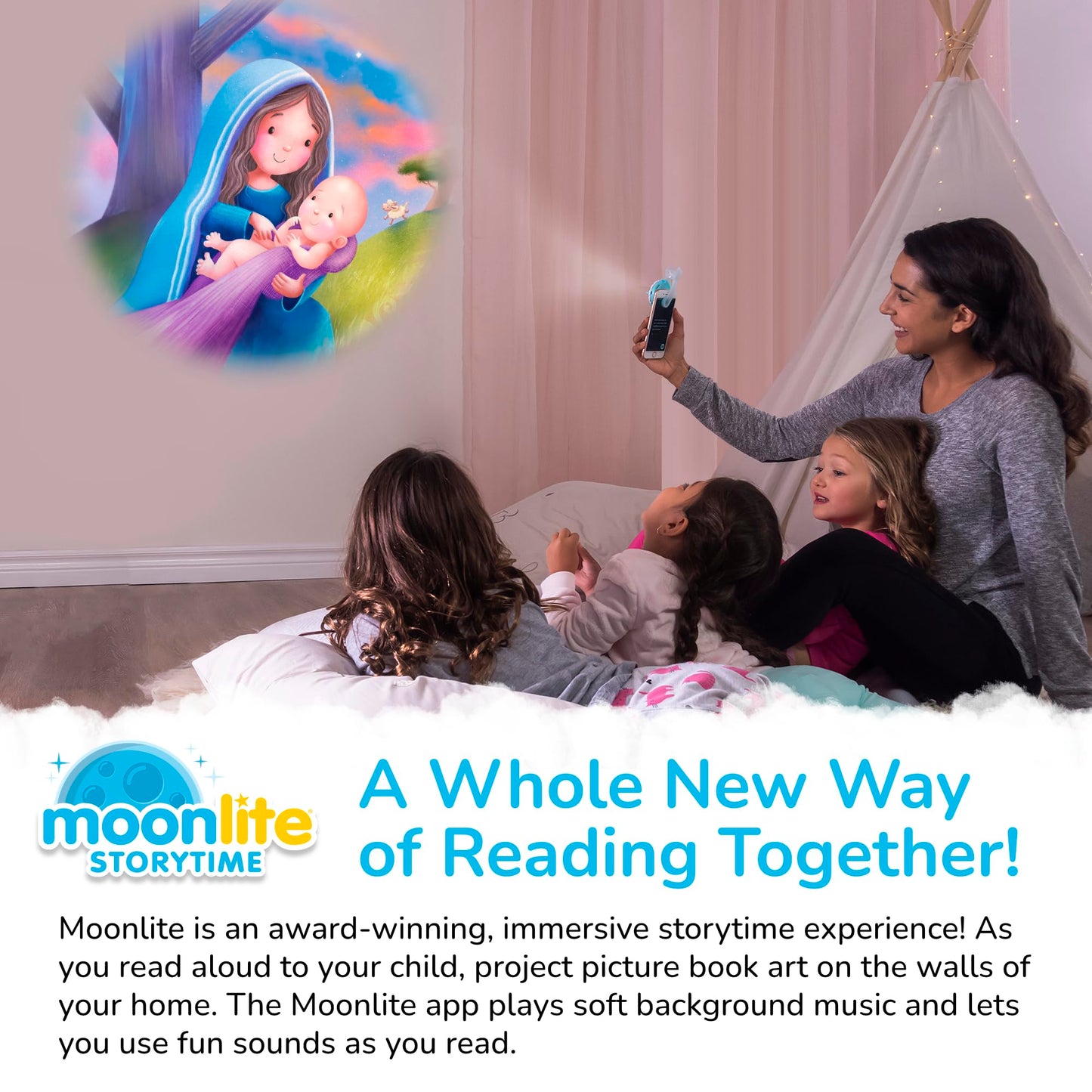 Moonlite Storytime Starter Pack — Smartphone Projector, Four Bible Stories