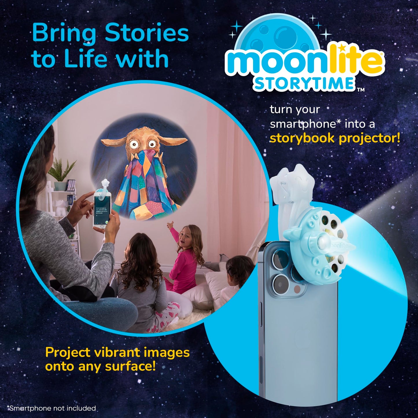 Moonlite Storytime Starter Pack – Smartphone Projector, Four Stories, Family Bedtime Magic