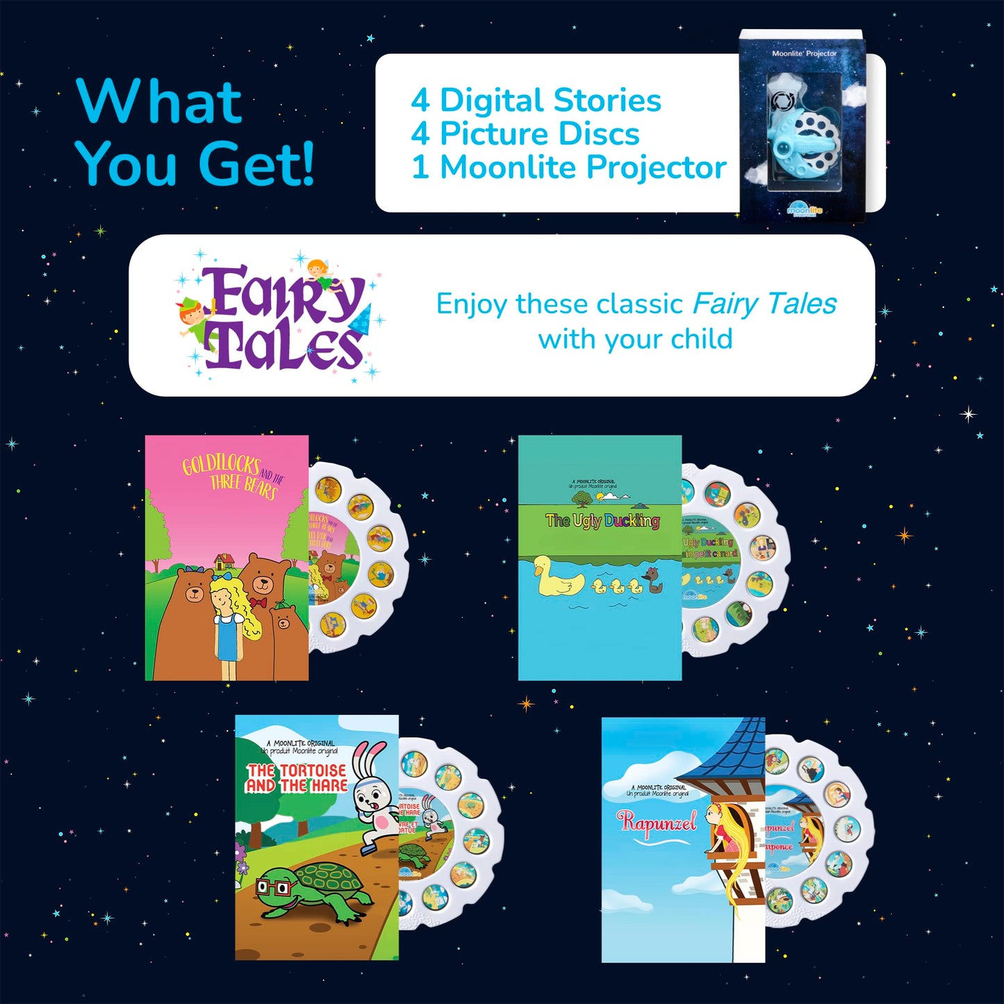 Moonlite Storytime Starter Pack – Smartphone Projector & Four Fairy Tales
