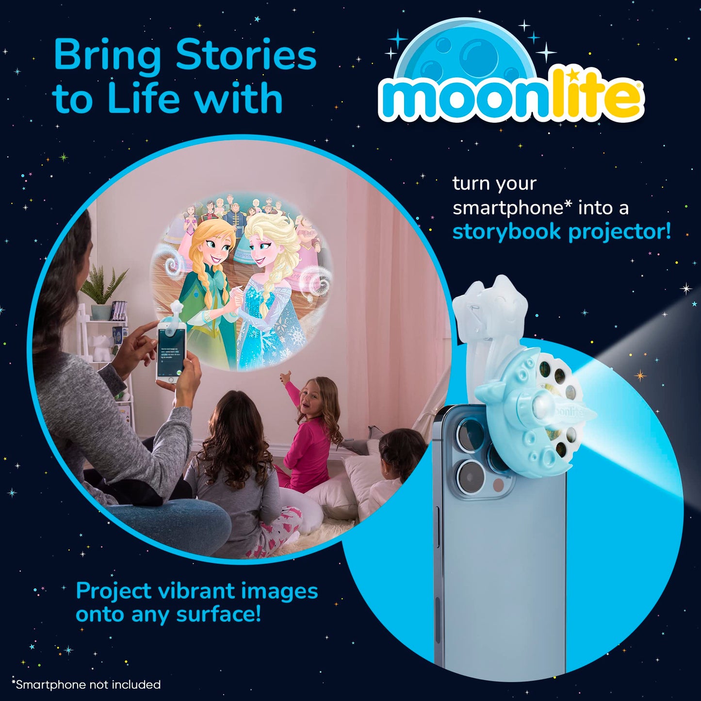 Moonlite Storytime Starter Pack – Smartphone Projector & Four Frozen Stories