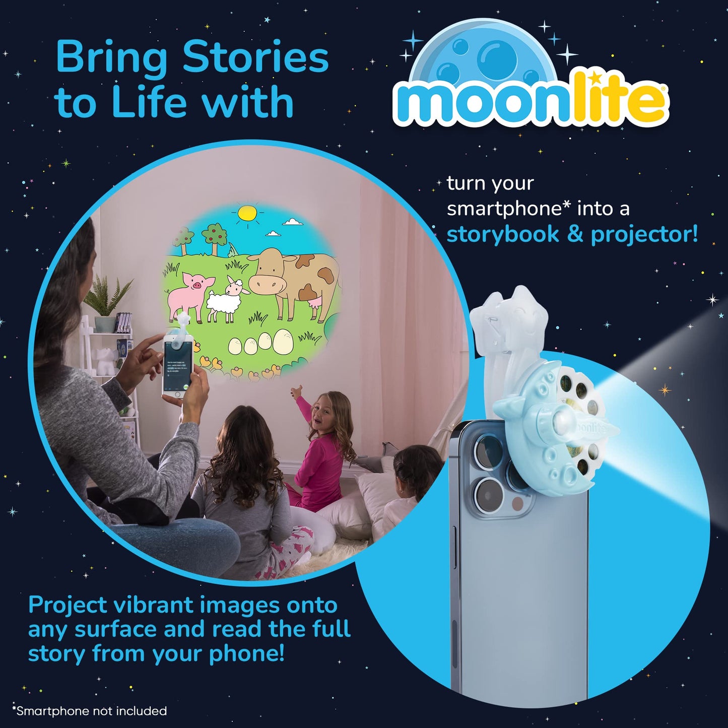 Moonlite Storytime Starter Pack – Smartphone Projector & Four Fairy Tales