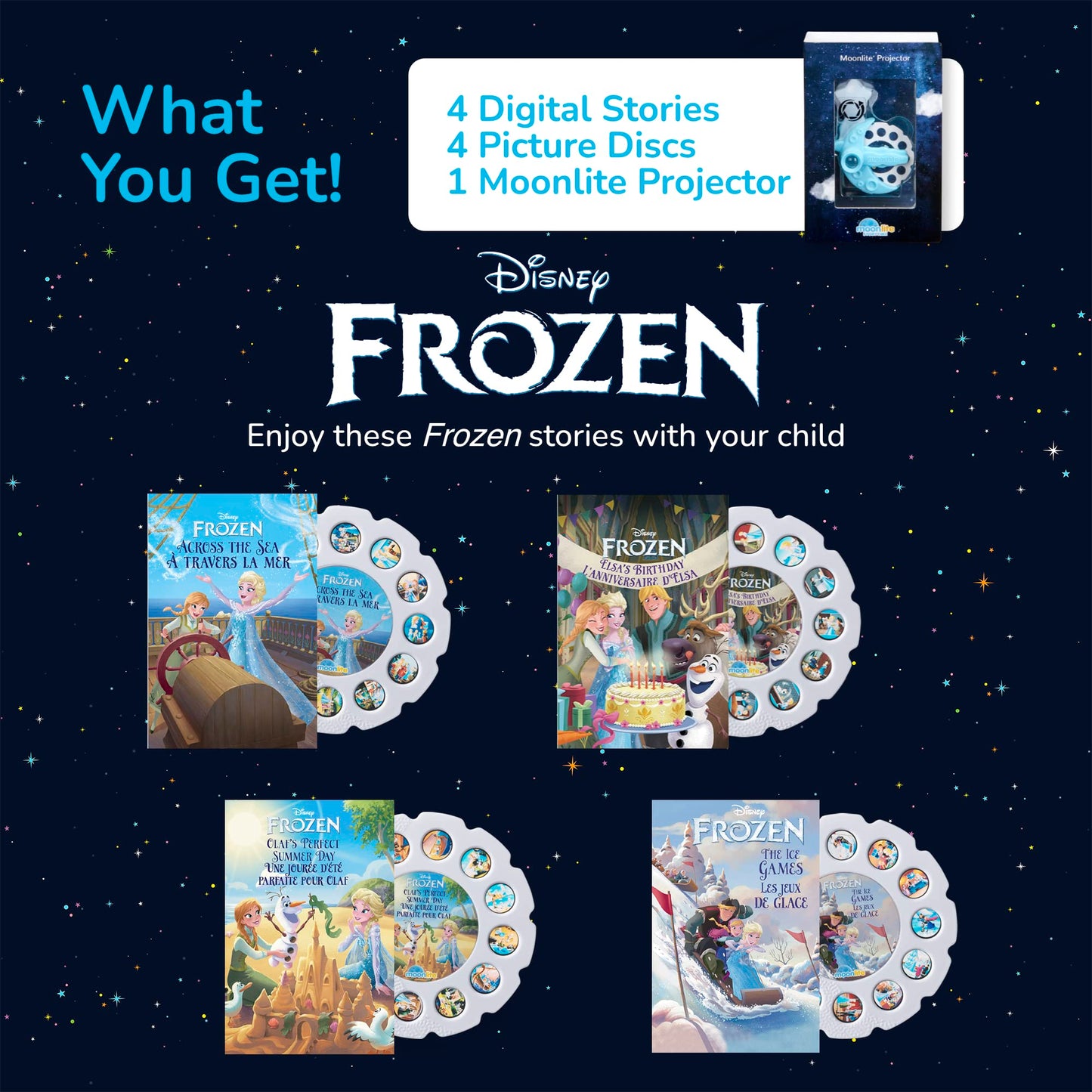 Moonlite Storytime Starter Pack – Smartphone Projector & Four Frozen Stories