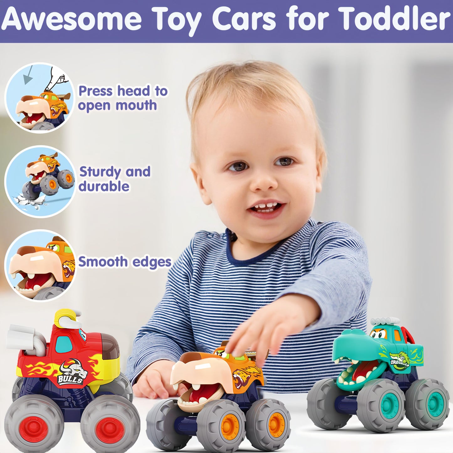 MOONTOY 3-Pack Monster Truck Toys for Toddlers 1–3 | Animal-Themed, Battery-Free, Safe