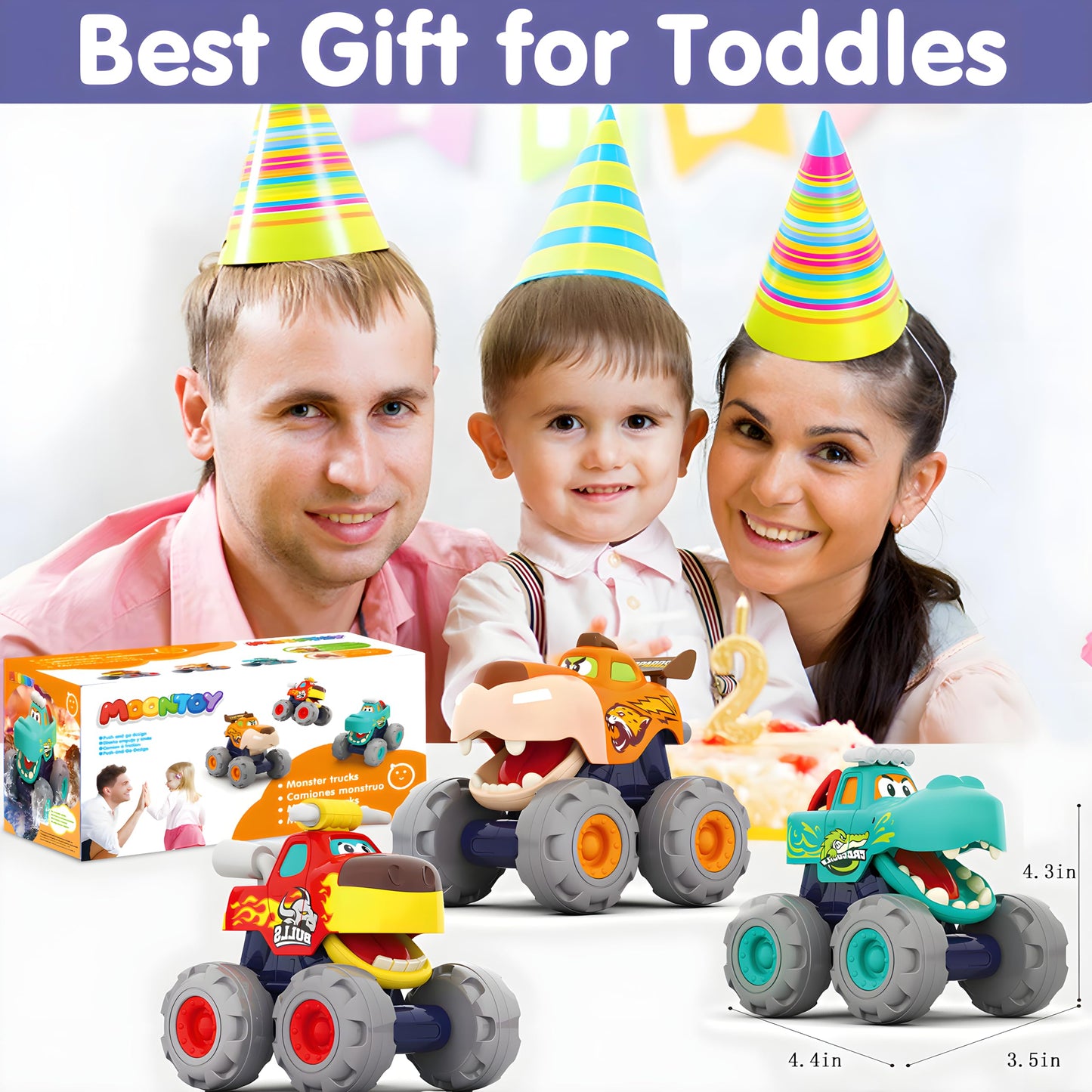 MOONTOY 3-Pack Monster Truck Toys for Toddlers 1–3 | Animal-Themed, Battery-Free, Safe