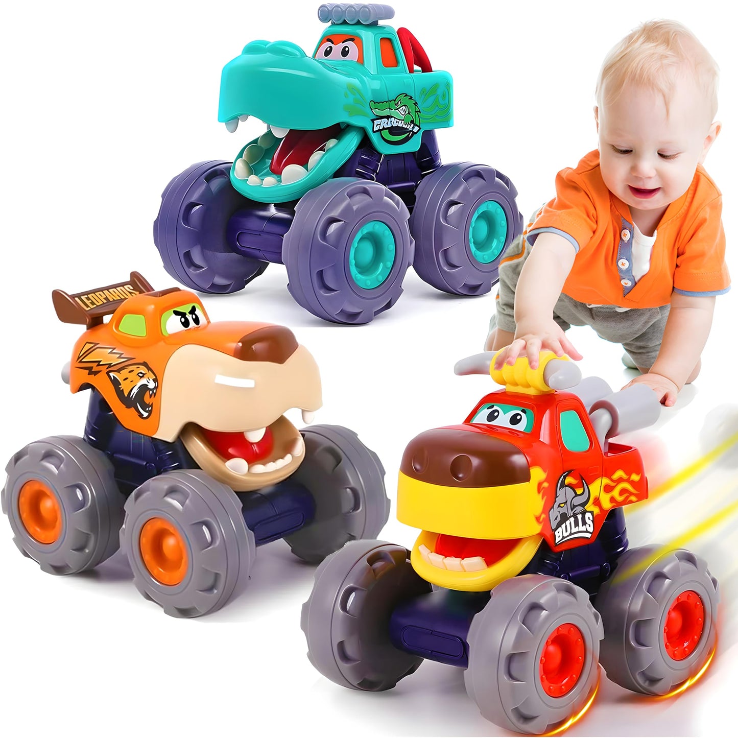 MOONTOY 3-Pack Monster Truck Toys for Toddlers 1–3 | Animal-Themed, Battery-Free, Safe