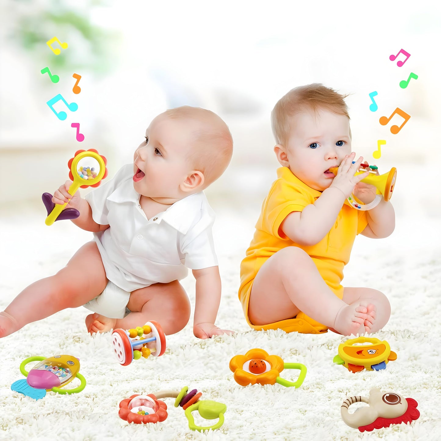 MOONTOY 12pc Baby Rattle Teether Set for 0-12 Months – Montessori Infant Toys