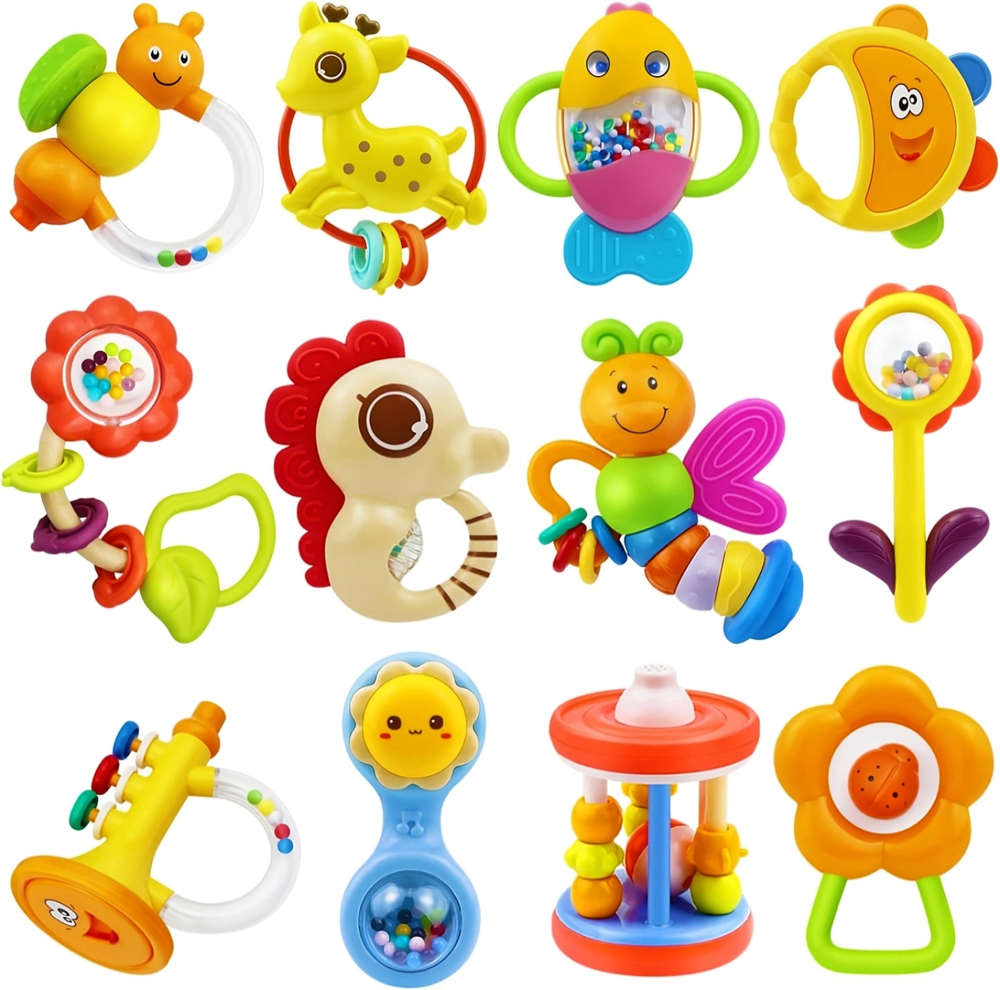 MOONTOY 12pc Baby Rattle Teether Set for 0-12 Months – Montessori Infant Toys