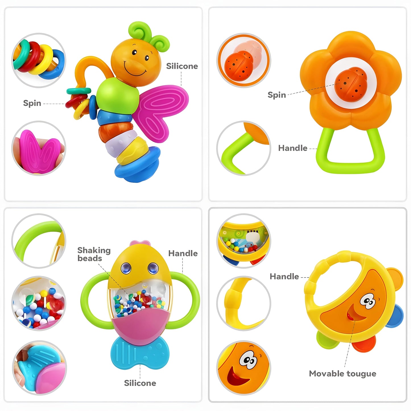 MOONTOY 12pc Baby Rattle Teether Set for 0-12 Months – Montessori Infant Toys