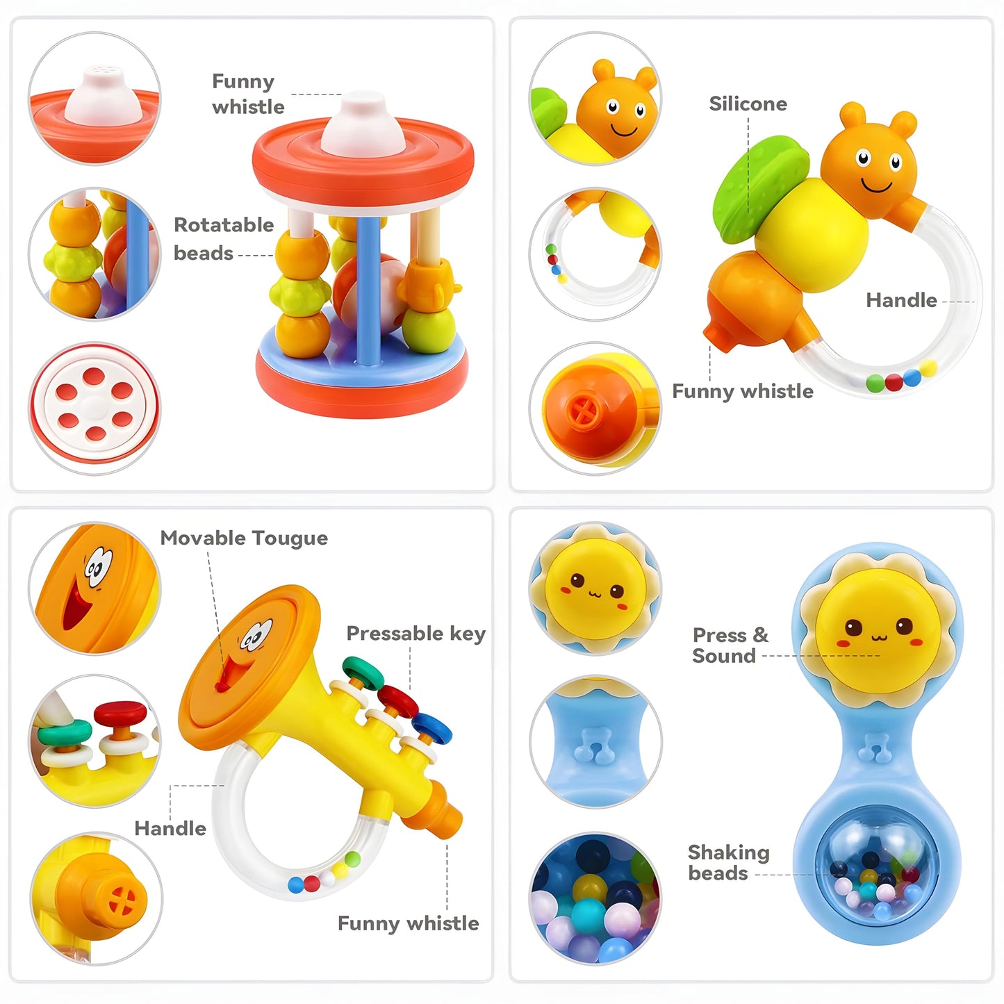 MOONTOY 12pc Baby Rattle Teether Set for 0-12 Months – Montessori Infant Toys