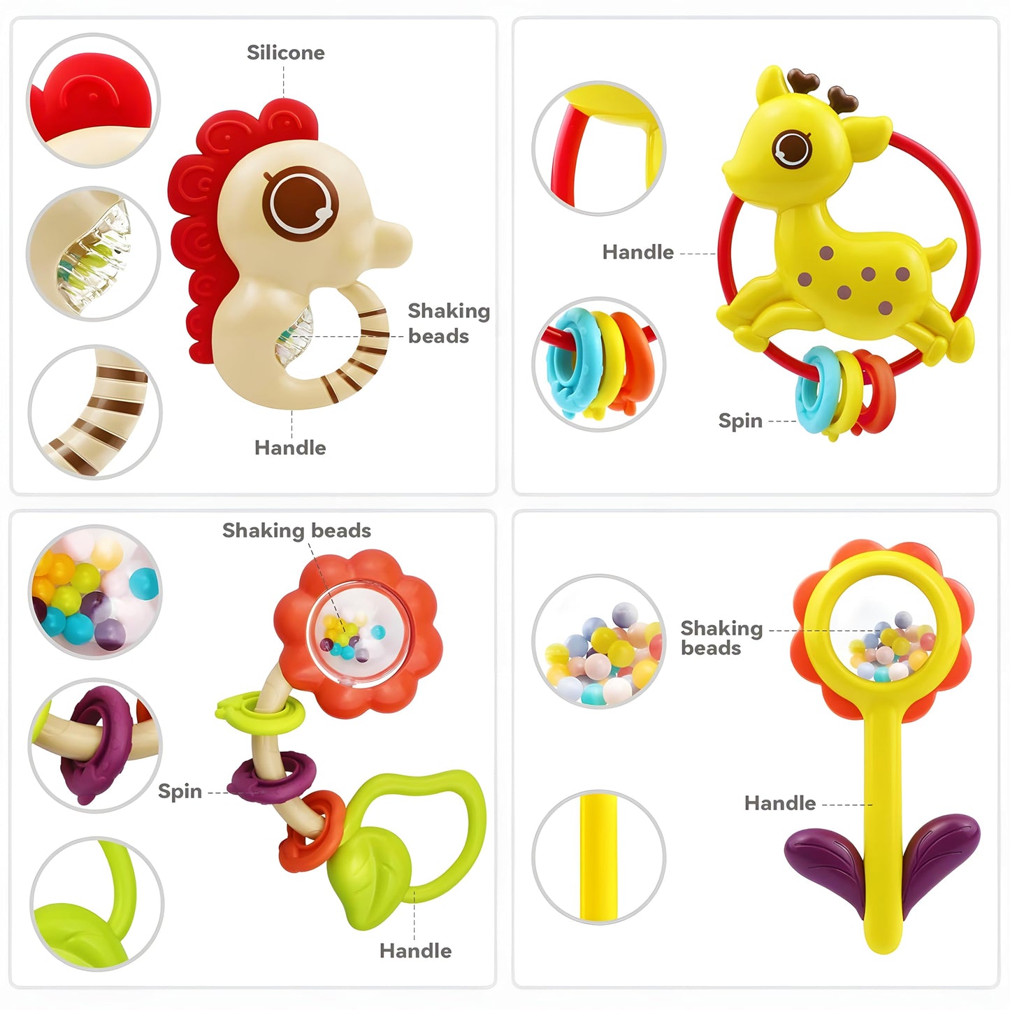 MOONTOY 12pc Baby Rattle Teether Set for 0-12 Months – Montessori Infant Toys