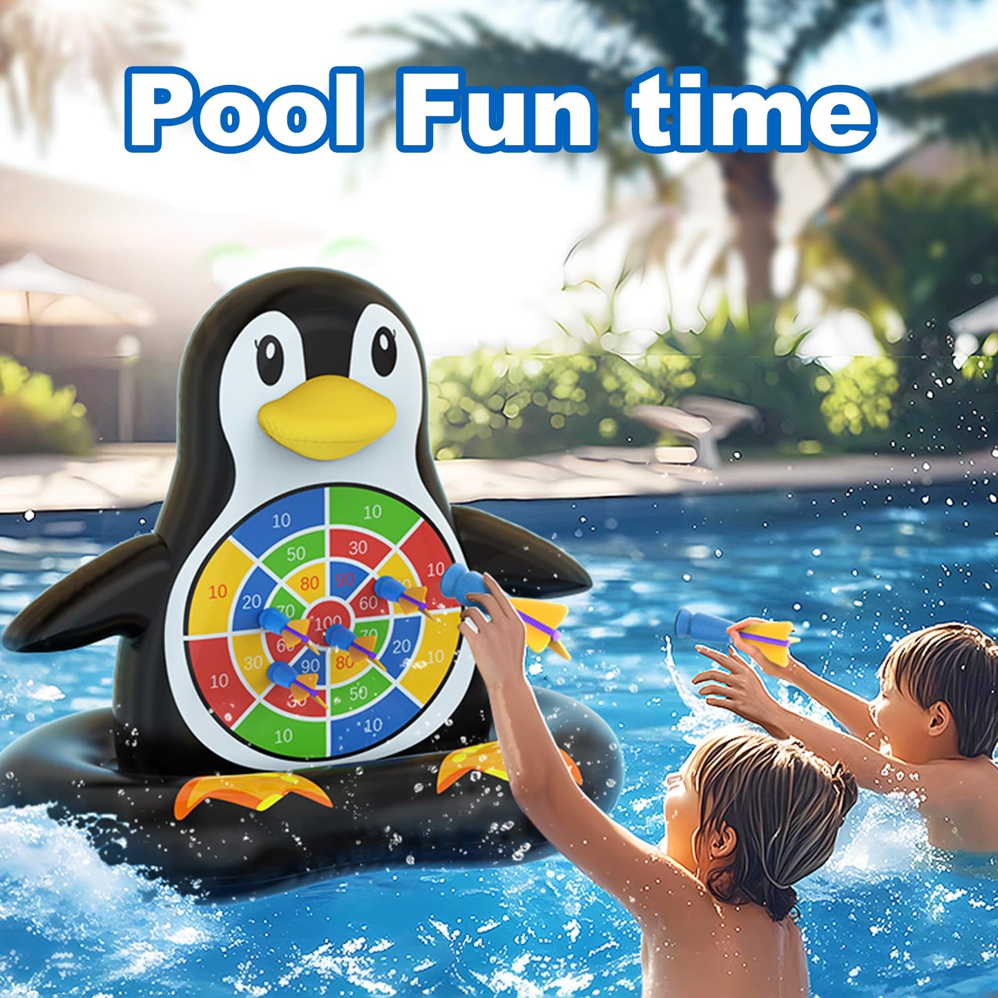 MOONTOY Penguin Dart Board Pool Game – Inflatable Pool Toy for Kids, Teens & Adults | Pump Included