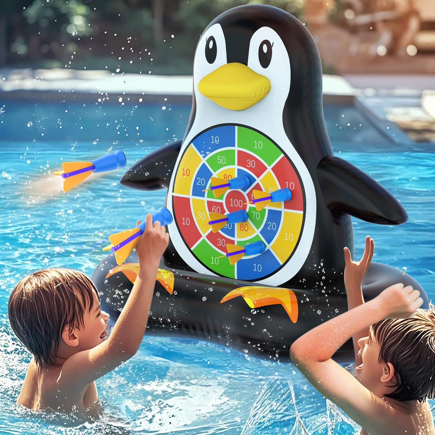 MOONTOY Penguin Dart Board Pool Game – Inflatable Pool Toy for Kids, Teens & Adults | Pump Included
