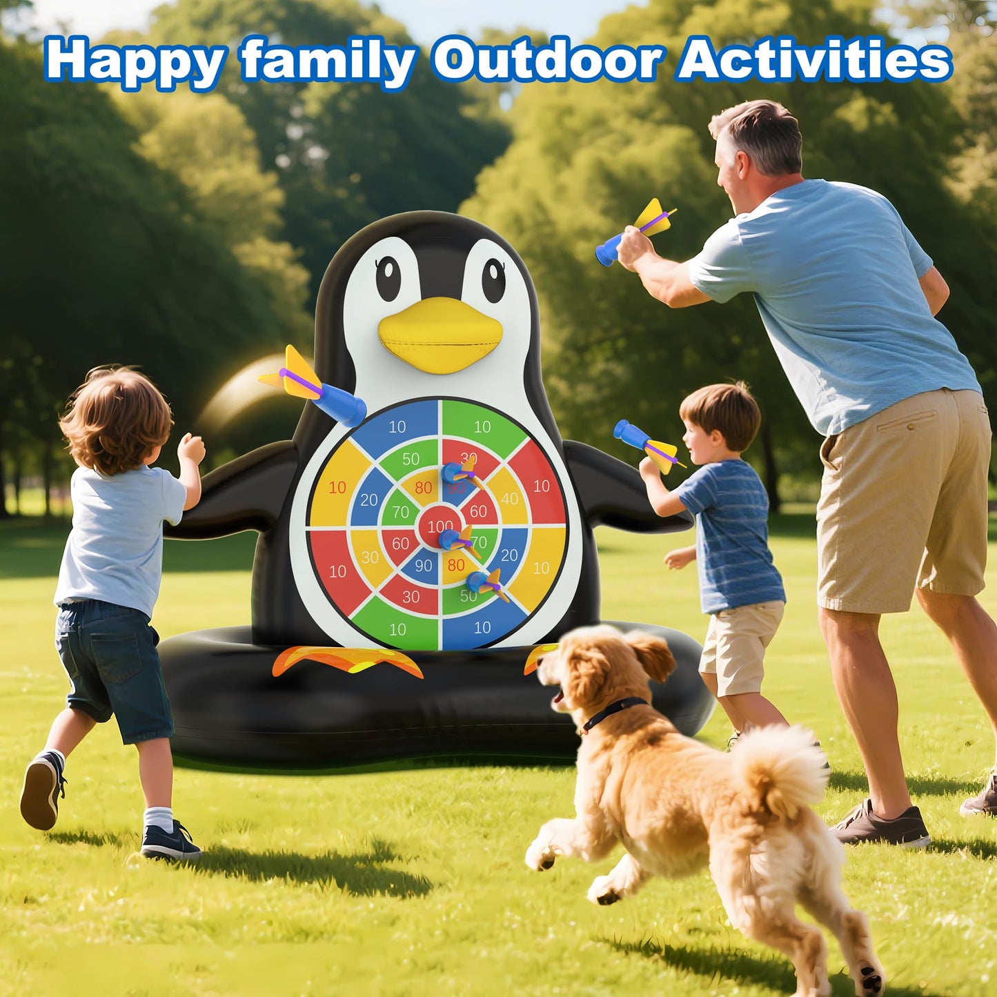 MOONTOY Penguin Dart Board Pool Game – Inflatable Pool Toy for Kids, Teens & Adults | Pump Included