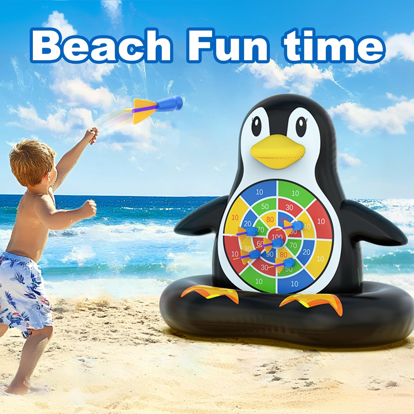 MOONTOY Penguin Dart Board Pool Game – Inflatable Pool Toy for Kids, Teens & Adults | Pump Included