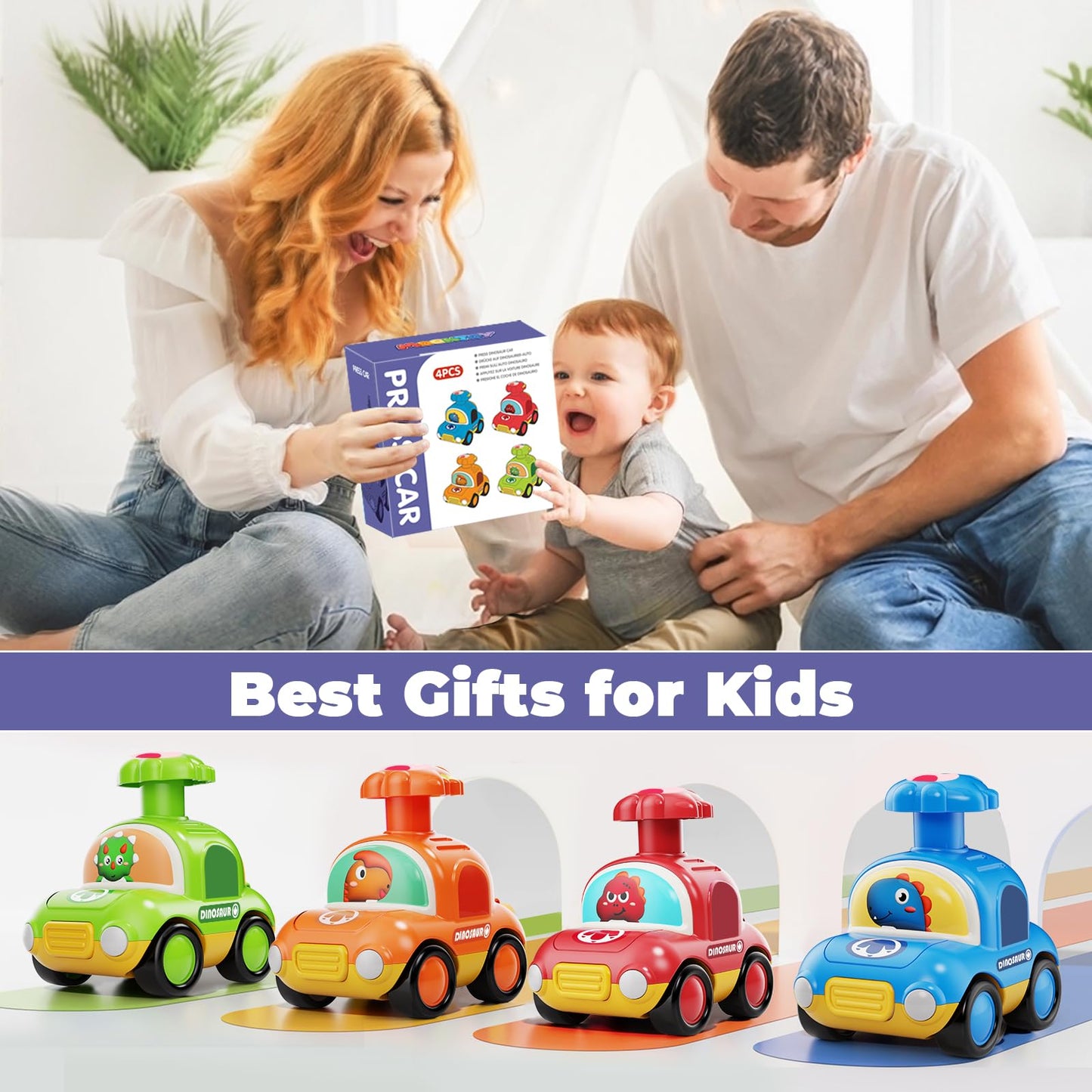 MOONTOY Press Go Dinosaur Car Toys for Toddlers – Battery-Free, Safe 4-Pack
