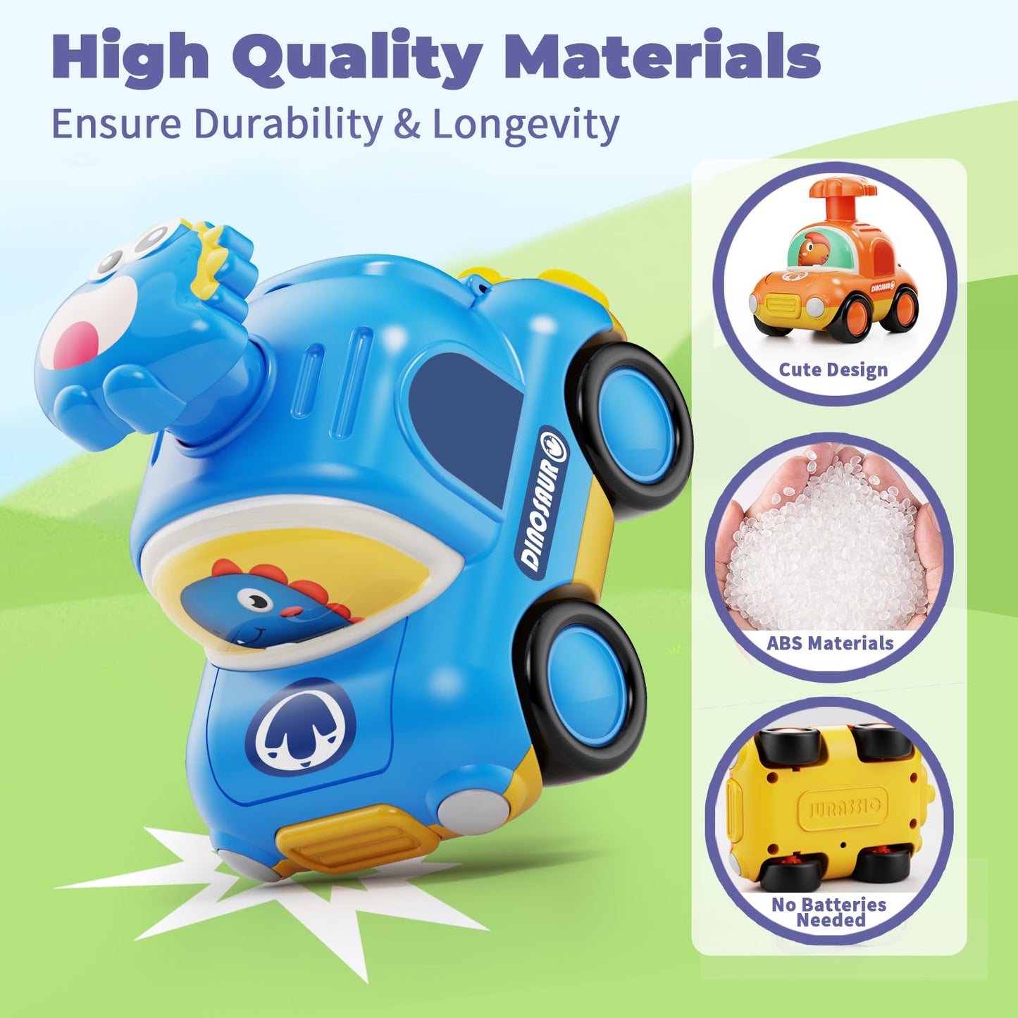 MOONTOY Press Go Dinosaur Car Toys for Toddlers – Battery-Free, Safe 4-Pack