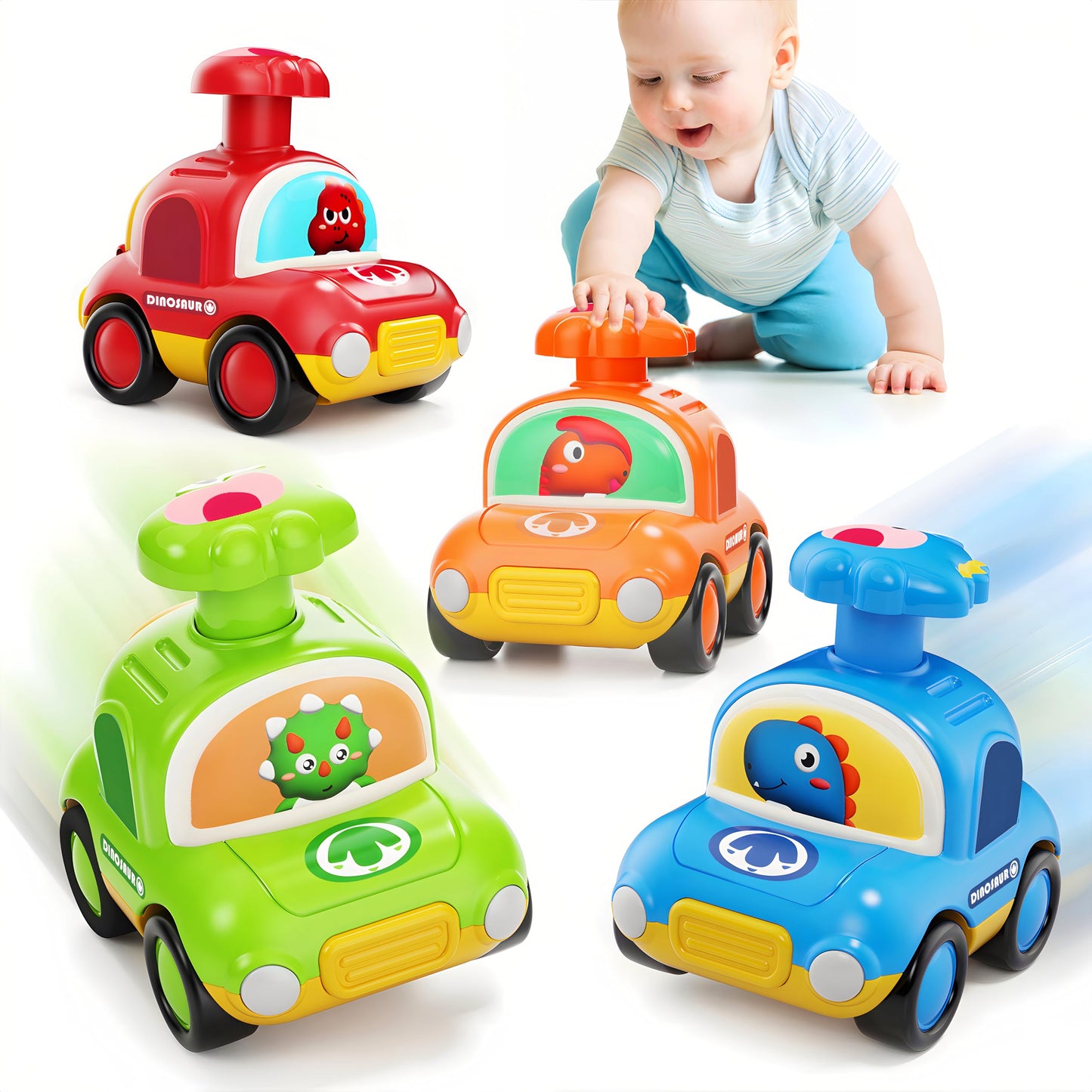 MOONTOY Press Go Dinosaur Car Toys for Toddlers – Battery-Free, Safe 4-Pack