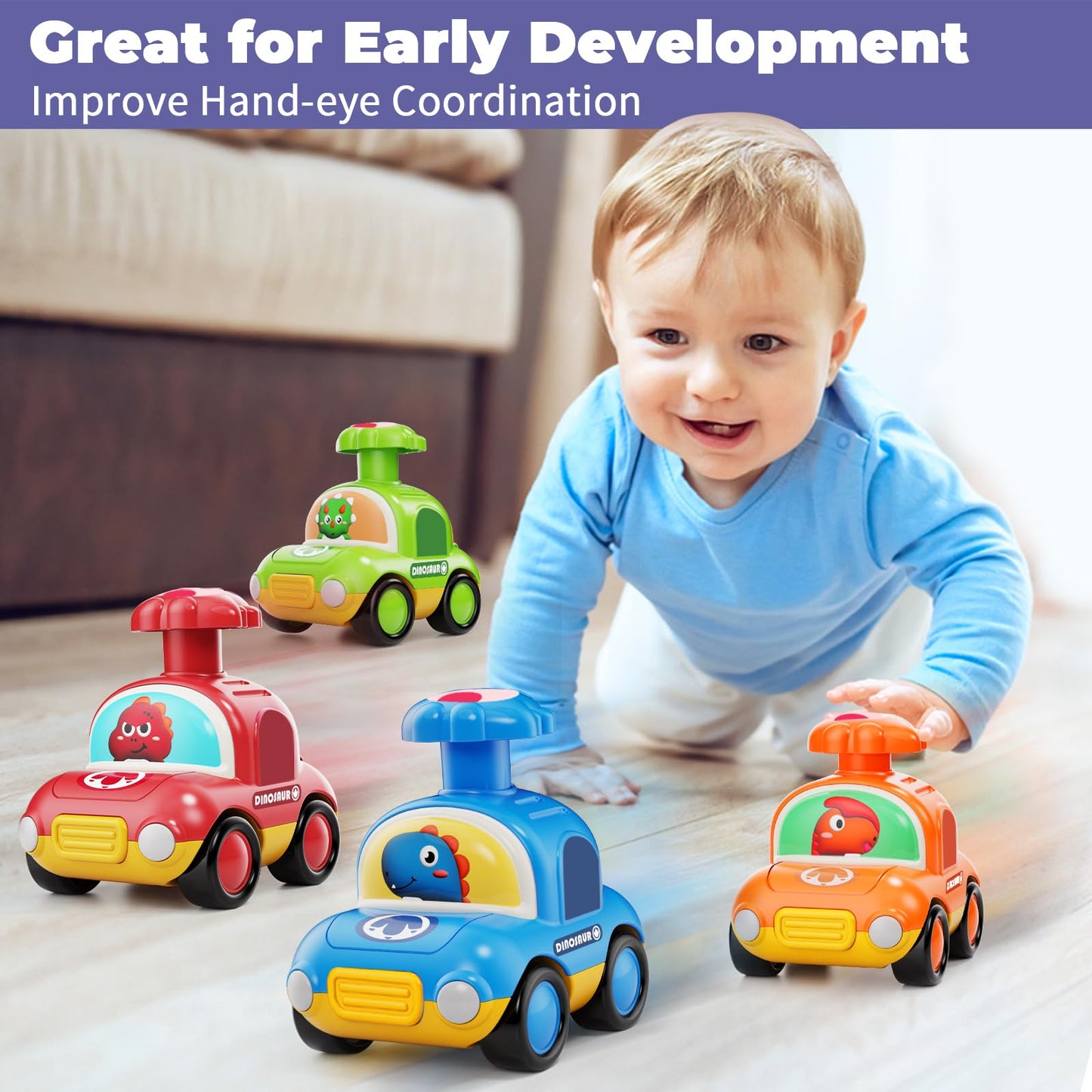 MOONTOY Press Go Dinosaur Car Toys for Toddlers – Battery-Free, Safe 4-Pack