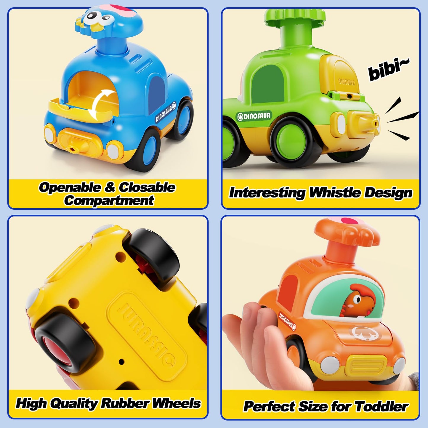 MOONTOY Press Go Dinosaur Car Toys for Toddlers – Battery-Free, Safe 4-Pack