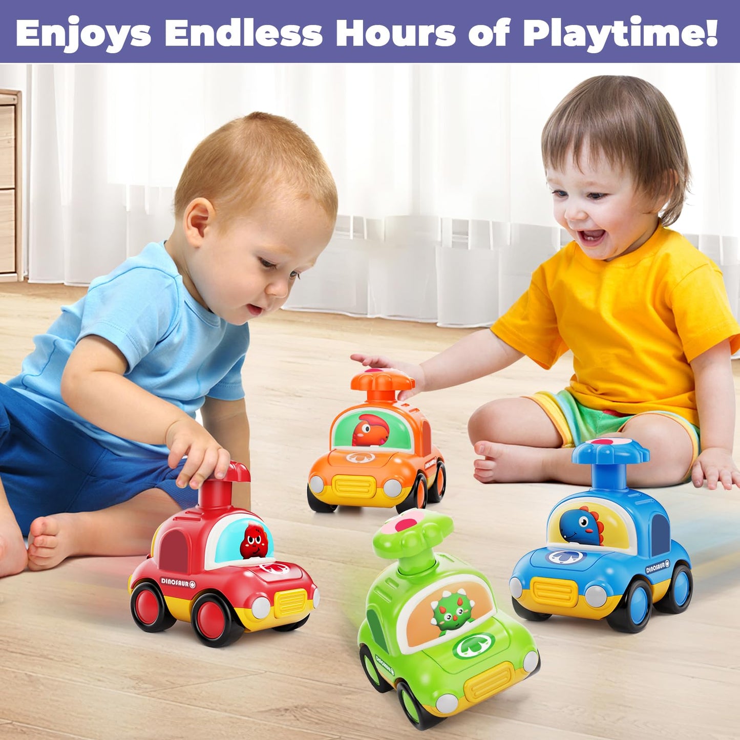 MOONTOY Press Go Dinosaur Car Toys for Toddlers – Battery-Free, Safe 4-Pack