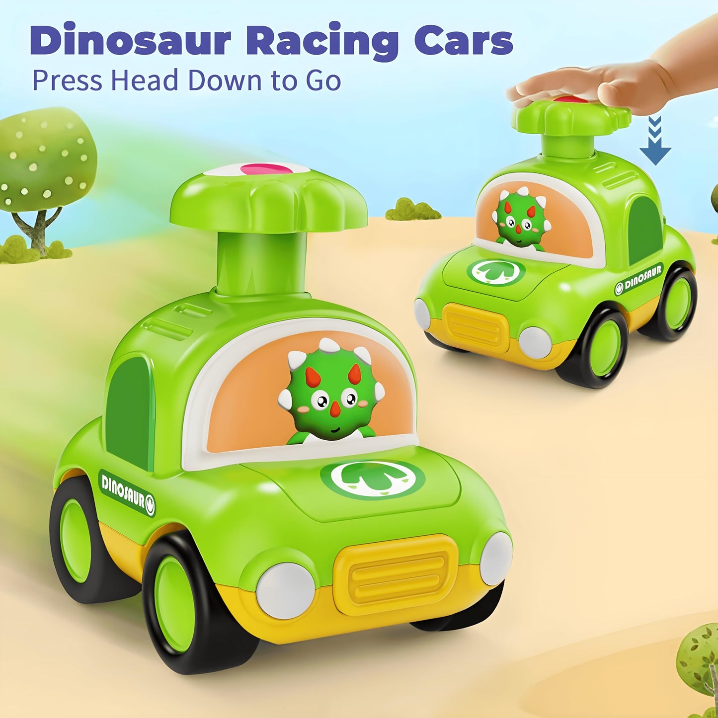 MOONTOY Press Go Dinosaur Car Toys for Toddlers – Battery-Free, Safe 4-Pack