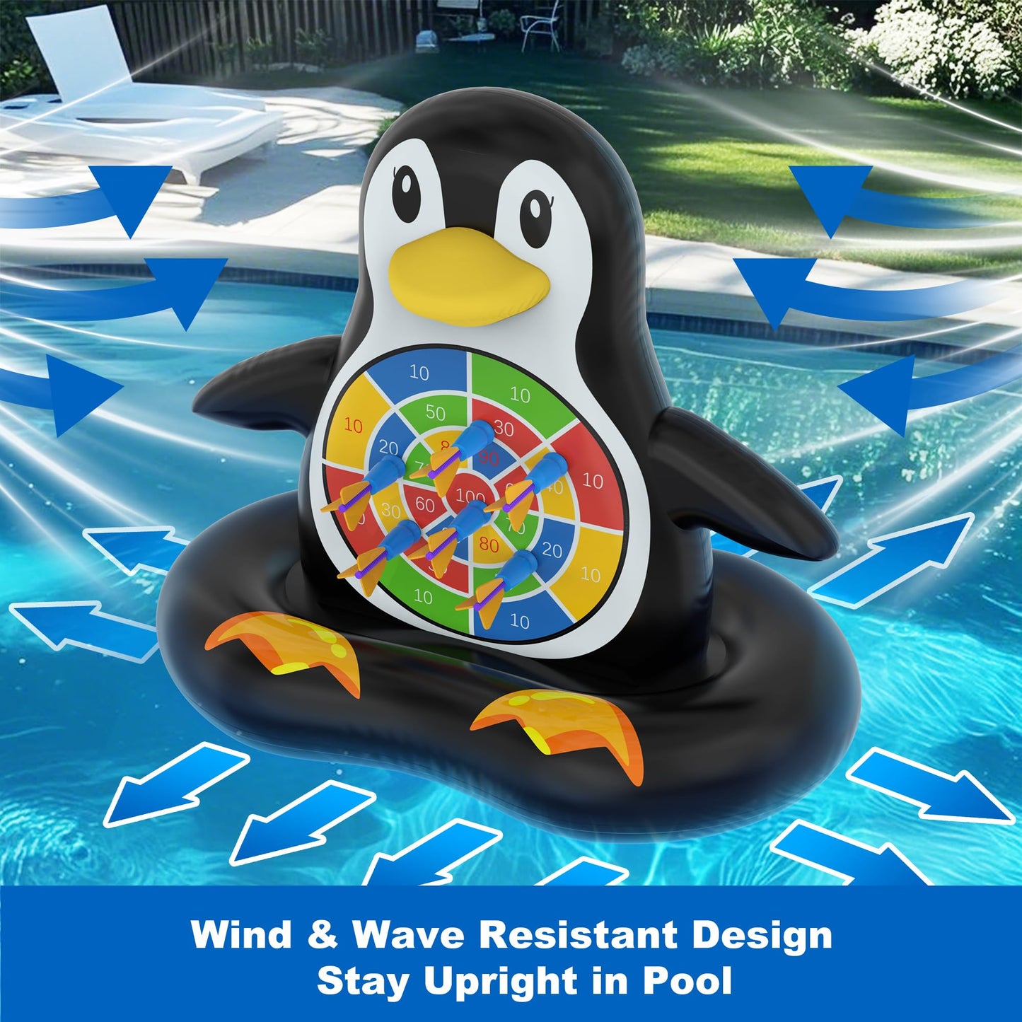 MOONTOY Penguin Dart Board Pool Game – Inflatable Pool Toy for Kids, Teens & Adults | Pump Included