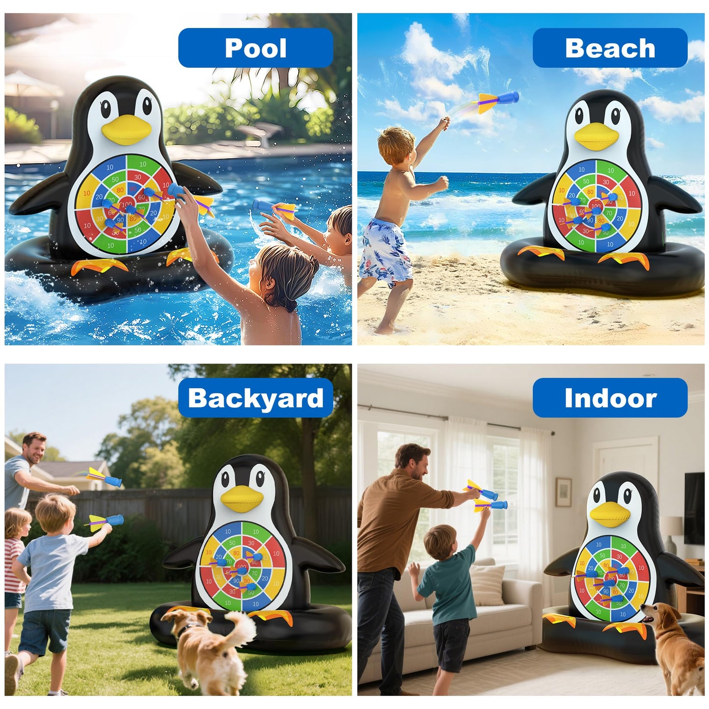 MOONTOY Penguin Dart Board Pool Game – Inflatable Pool Toy for Kids, Teens & Adults | Pump Included