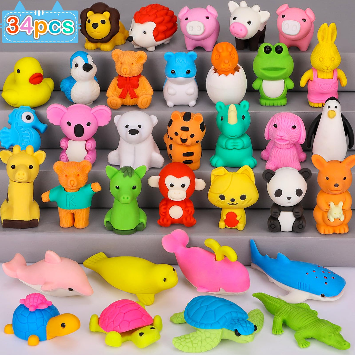 Moosia 34-Pack Animal Pencil Erasers – 3D Take-Apart Desk Pets & Classroom Prizes