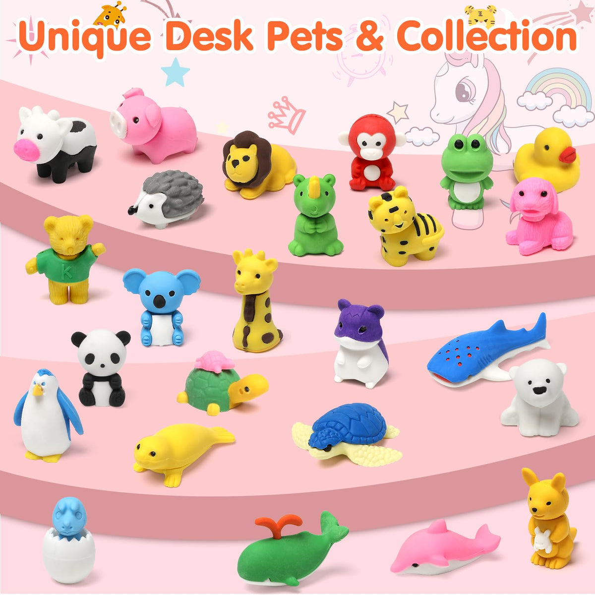 Moosia 34-Pack Animal Pencil Erasers – 3D Take-Apart Desk Pets & Classroom Prizes