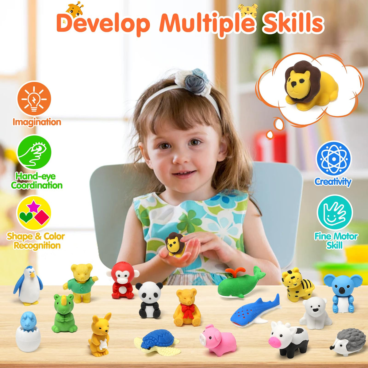 Moosia 34-Pack Animal Pencil Erasers – 3D Take-Apart Desk Pets & Classroom Prizes