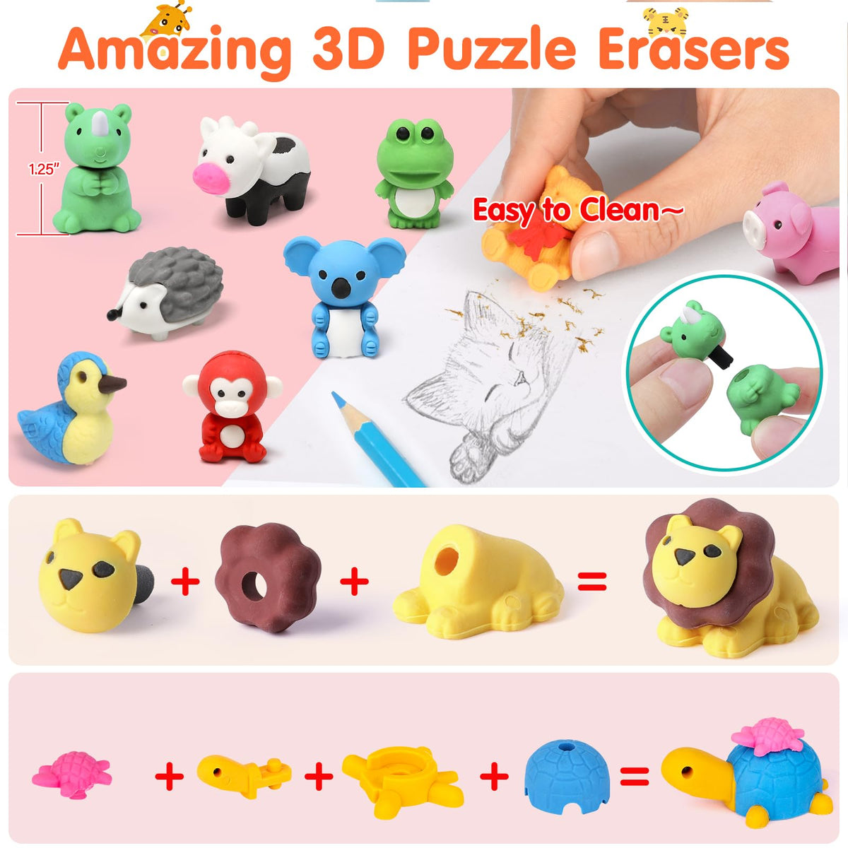 Moosia 34-Pack Animal Pencil Erasers – 3D Take-Apart Desk Pets & Classroom Prizes