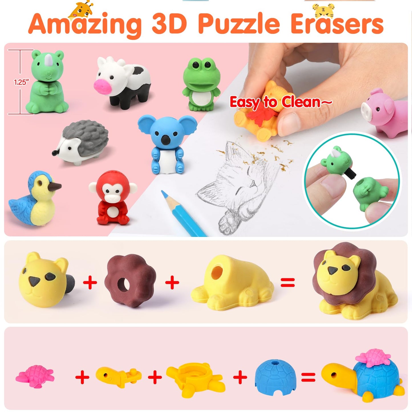 Moosia 150 Pack Animal Pencil Erasers – 3D Take-Apart Classroom Rewards & Party Favors