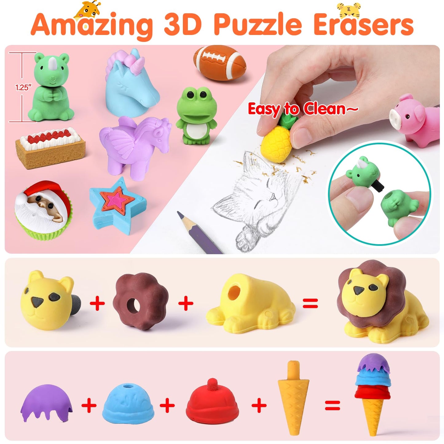 Moosia 60 Pack Animal Pencil Erasers – 3D Puzzle Take-Apart Desk Pets & Classroom Prizes
