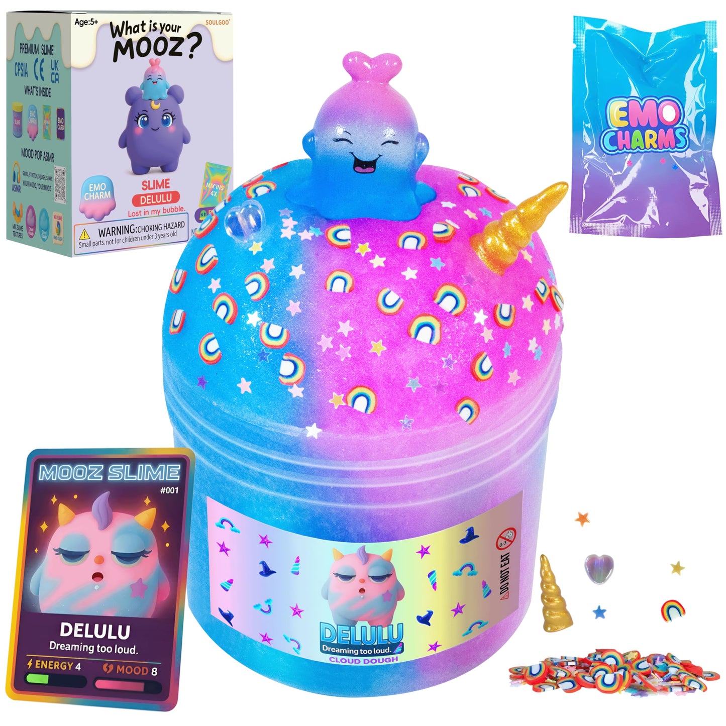 MOOZ Unicorn Cloud Slime Kit – Blue & Pink Non-Sticky Scented Slime with Axolotl Charm (7oz)