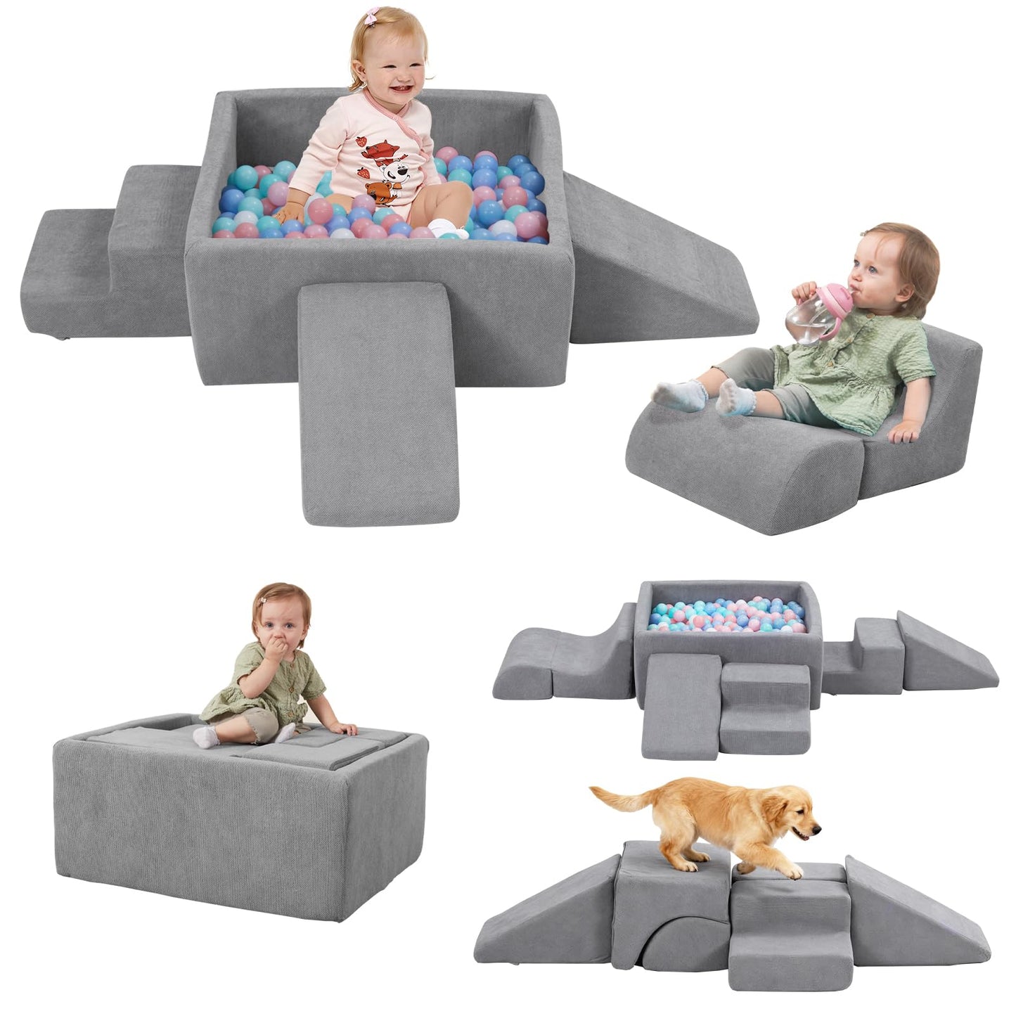 MOOZHEALTH 6-Piece Baby Climbing Blocks with Ball Pit (Gray) | Indoor Soft Play for Toddlers 1–3
