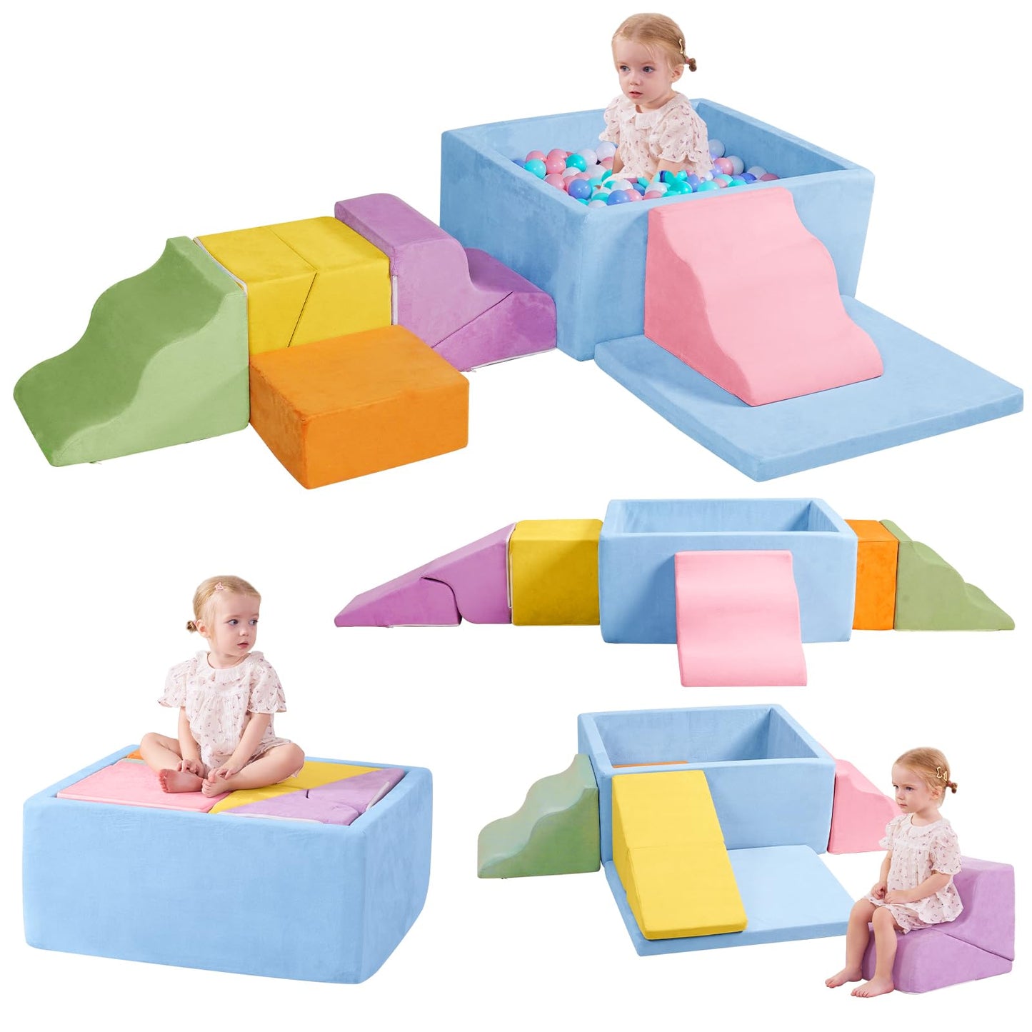 MOOZHEALTH Foam Climbing Blocks for Toddlers — 7-Piece Soft Play Set with Ball Pit (Macaron Colors)