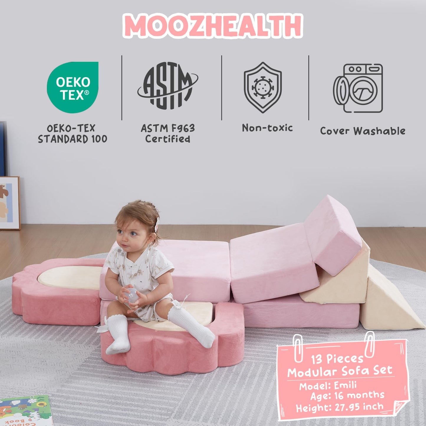 MOOZHEALTH 13-Piece Foam Climbing Blocks for Toddlers – Floral Soft Play Gym in Pink & Beige