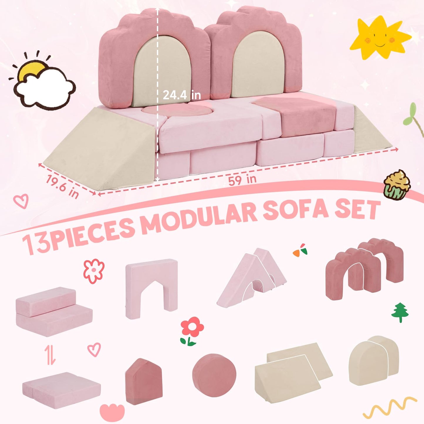 MOOZHEALTH 13-Piece Foam Climbing Blocks for Toddlers – Floral Soft Play Gym in Pink & Beige