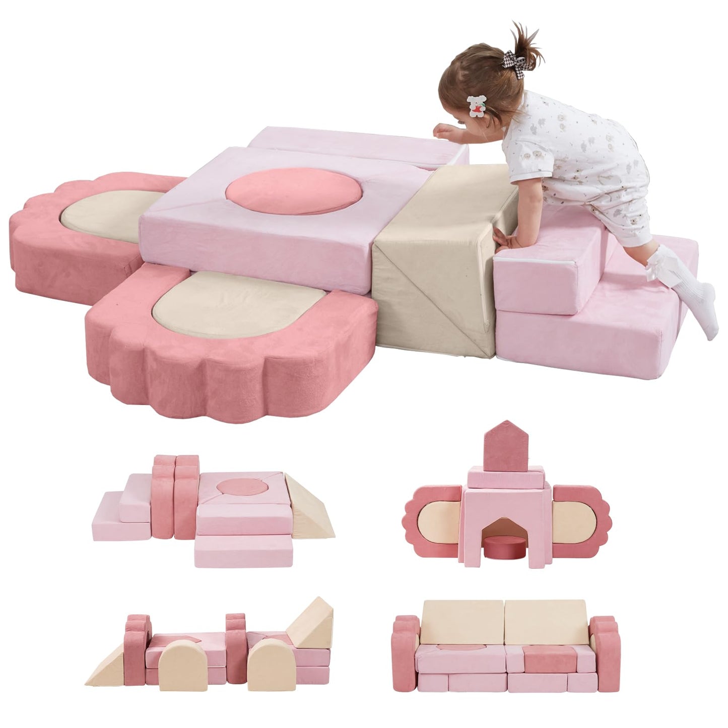 MOOZHEALTH 13-Piece Foam Climbing Blocks for Toddlers – Floral Soft Play Gym in Pink & Beige