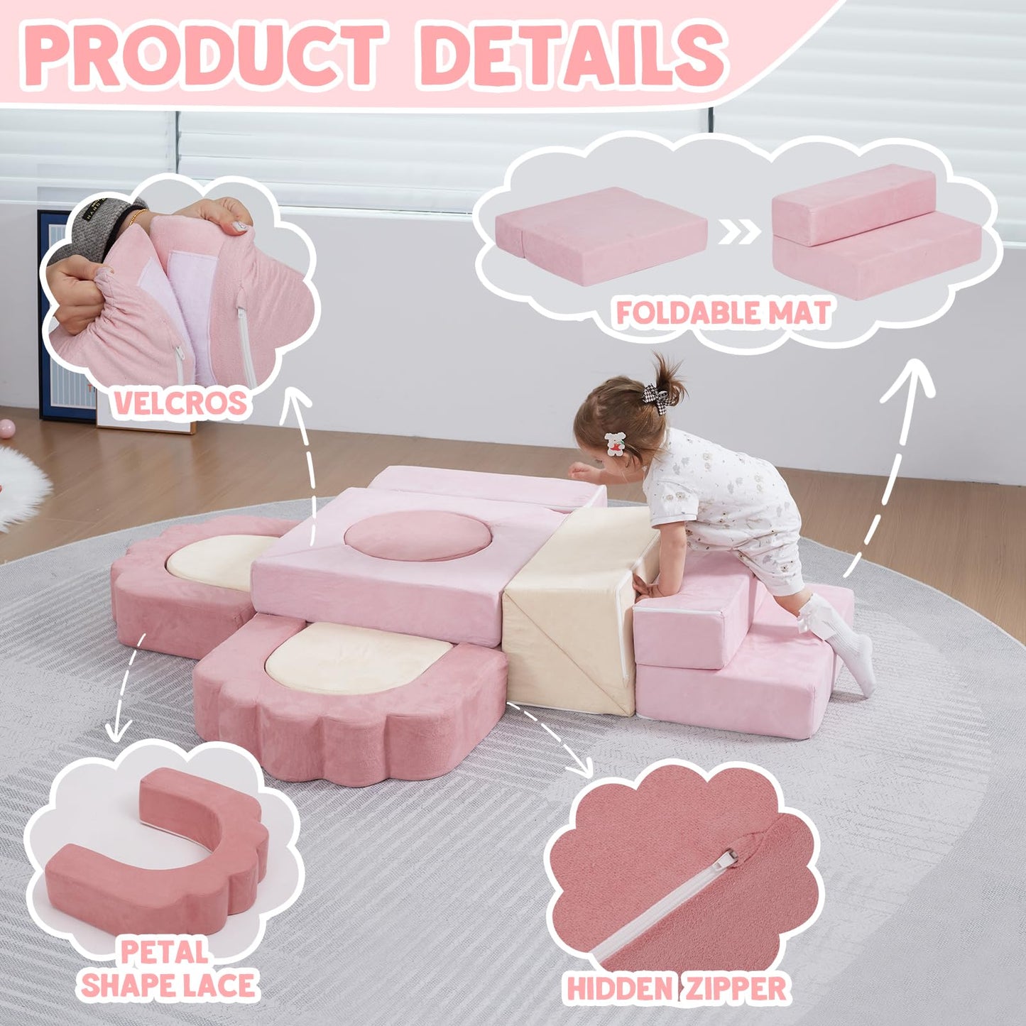 MOOZHEALTH 13-Piece Foam Climbing Blocks for Toddlers – Floral Soft Play Gym in Pink & Beige