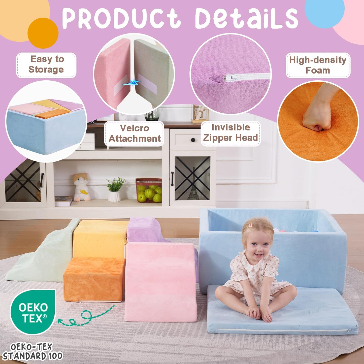 MOOZHEALTH Foam Climbing Blocks for Toddlers — 7-Piece Soft Play Set with Ball Pit (Macaron Colors)