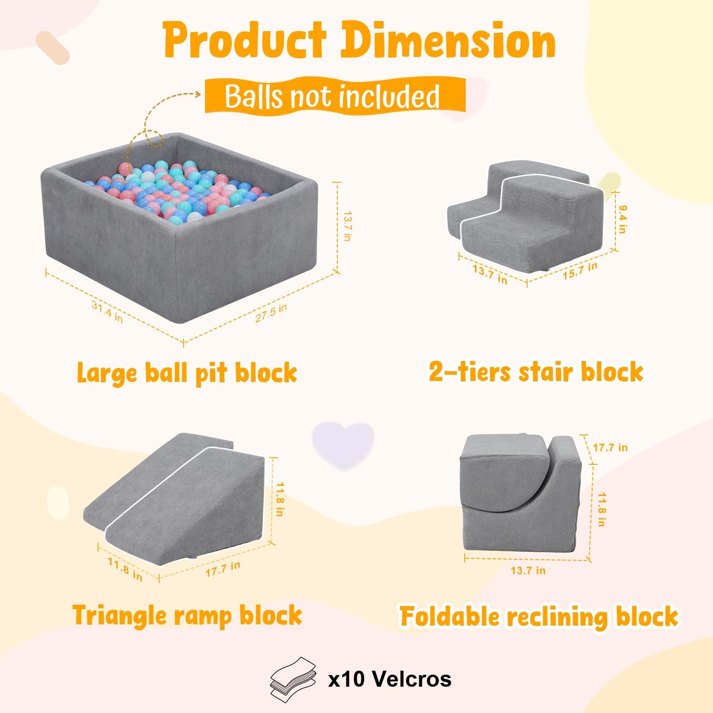 MOOZHEALTH 6-Piece Baby Climbing Blocks with Ball Pit (Gray) | Indoor Soft Play for Toddlers 1–3