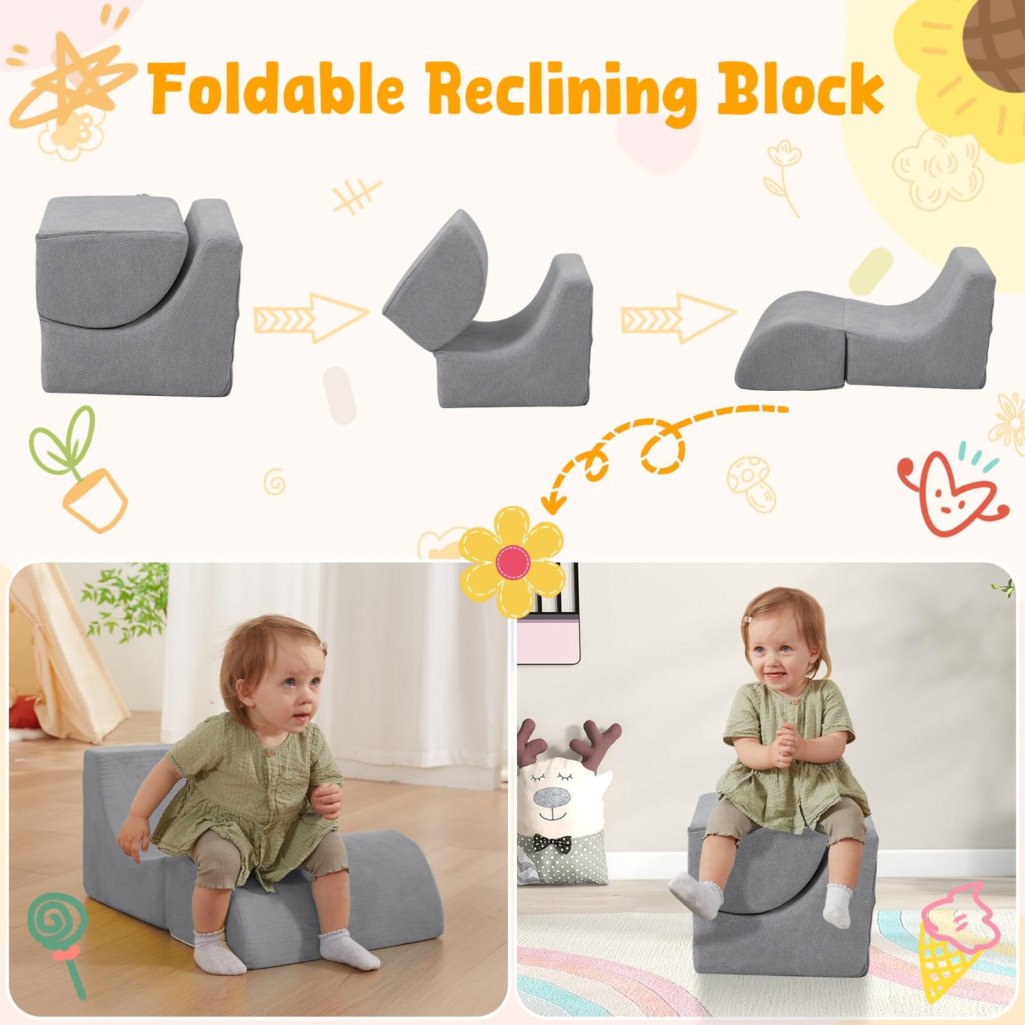MOOZHEALTH 6-Piece Baby Climbing Blocks with Ball Pit (Gray) | Indoor Soft Play for Toddlers 1–3
