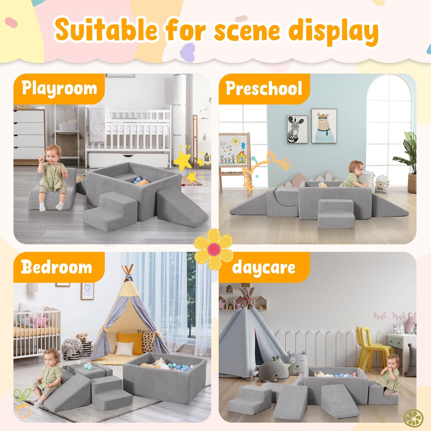 MOOZHEALTH 6-Piece Baby Climbing Blocks with Ball Pit (Gray) | Indoor Soft Play for Toddlers 1–3
